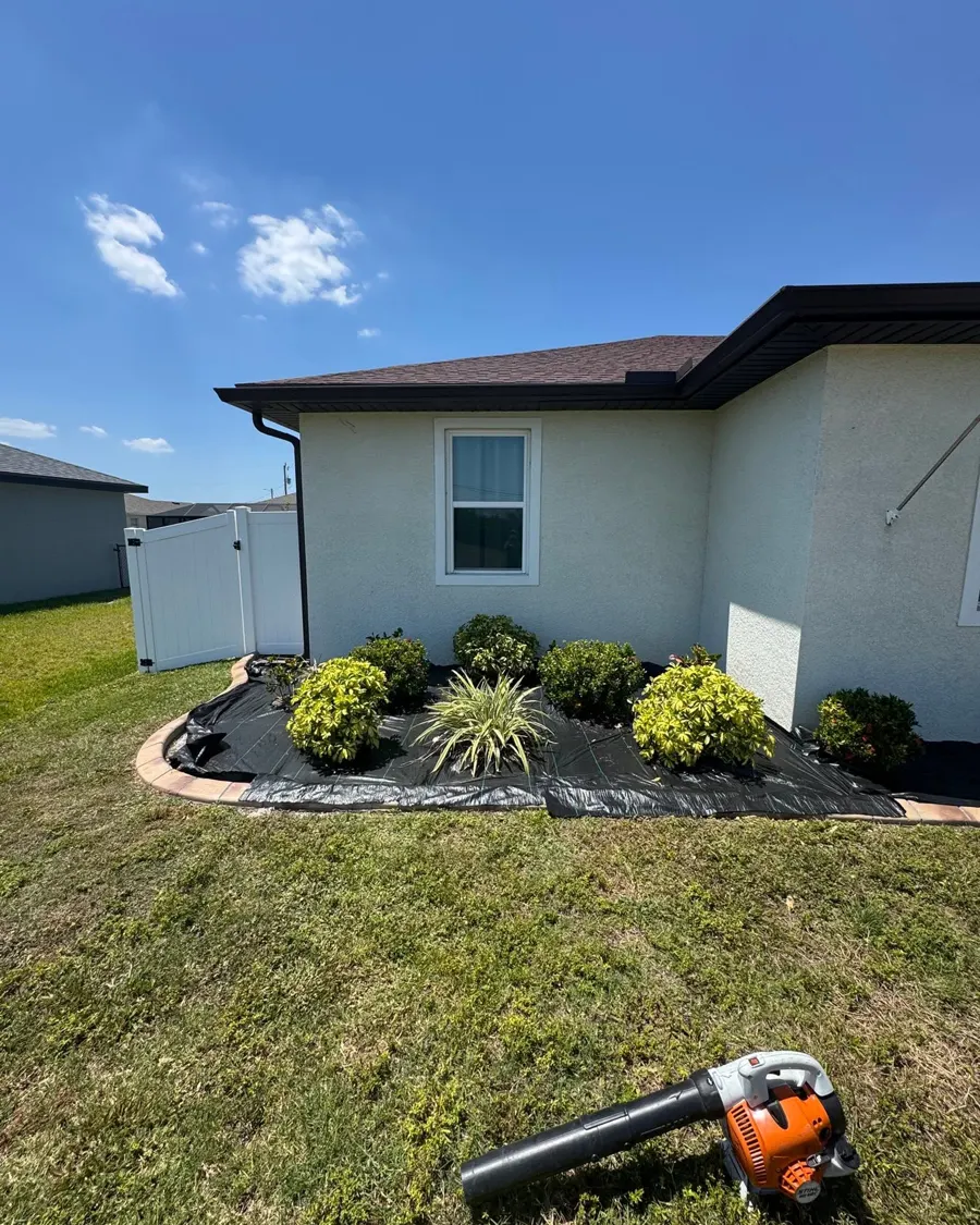 Fresh mulch bed with new shrubs beside a Florida home